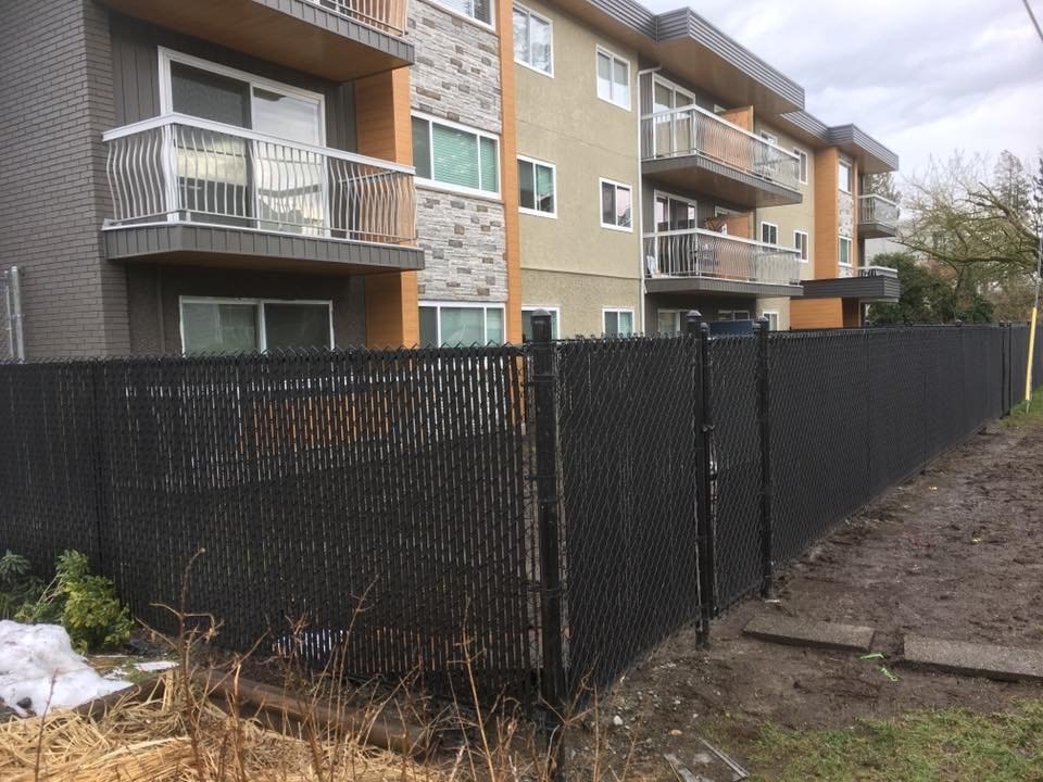 Black chain link with privacy slats; LS project in Maple Ridge.